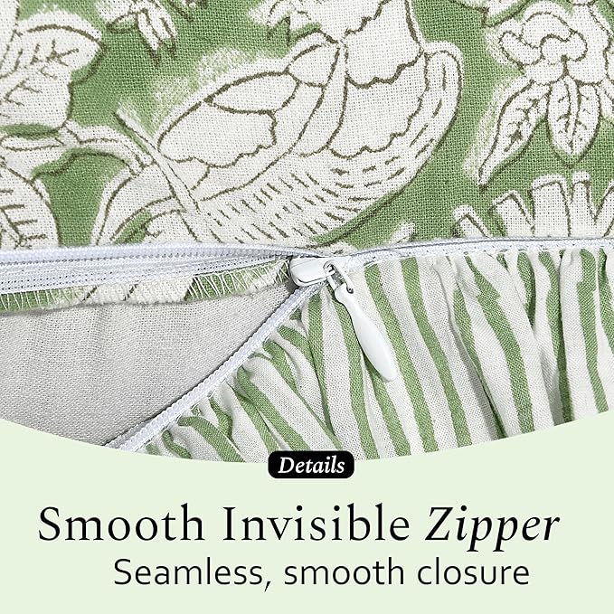 CPC Olive Green 100% Cotton Block Print Ruffle Sham Cover 20X30 inch Pack of 2, Handmade Boho Floral Pillowcase, Soft Decorative Queen Bed Pillow Cover for Bedroom Décor