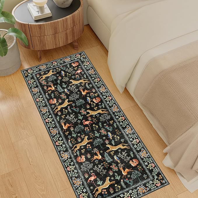 DUKINO 2x5 Rug for Hallway, Washable Kitchen Runner Rug with Non Slip Backing, Soft Low Pile Vintage Animal Runner for Bedroom, Kitchen, Hallway, Entryway, Laundry, Black