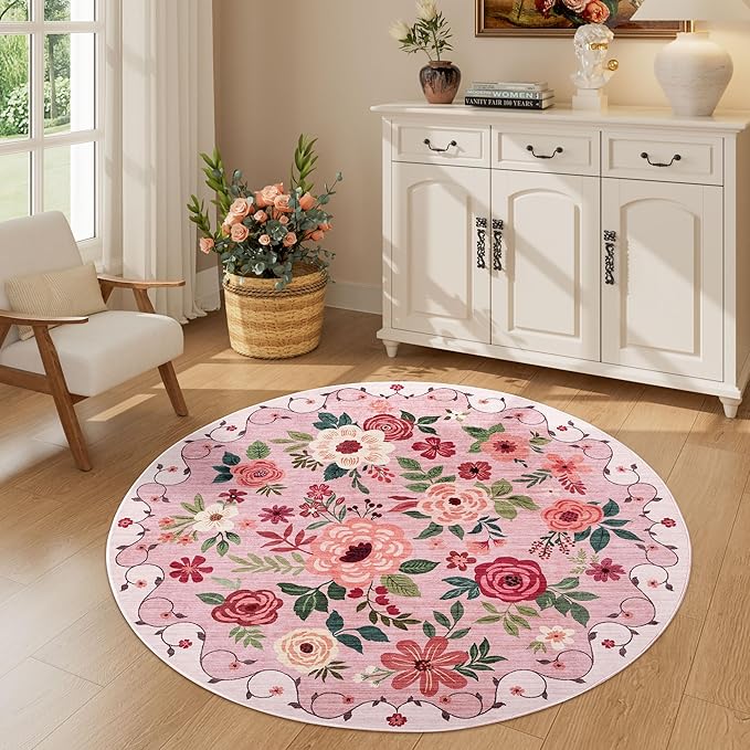 DUKINO Floral Round Rug, 4ft Washable Round Area Rug, Non Slip Indoor Low Pile Circle Rug, Soft Small Boho Design Circle Rug for Bedroom, Entryway, Living Room, Dining Room, Pink