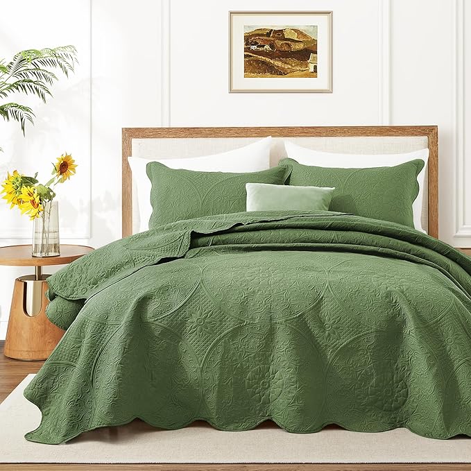 IR Imperial Rooms Twin Quilt Bedding Set Size (68” x 86”) + 1 Pillow Shams (20” x 26” + 2”) - 2 Pcs All Season Lightweight Reversible Microfiber Coverlet Floral Embossed Quilt Bedspread (Olive Green)