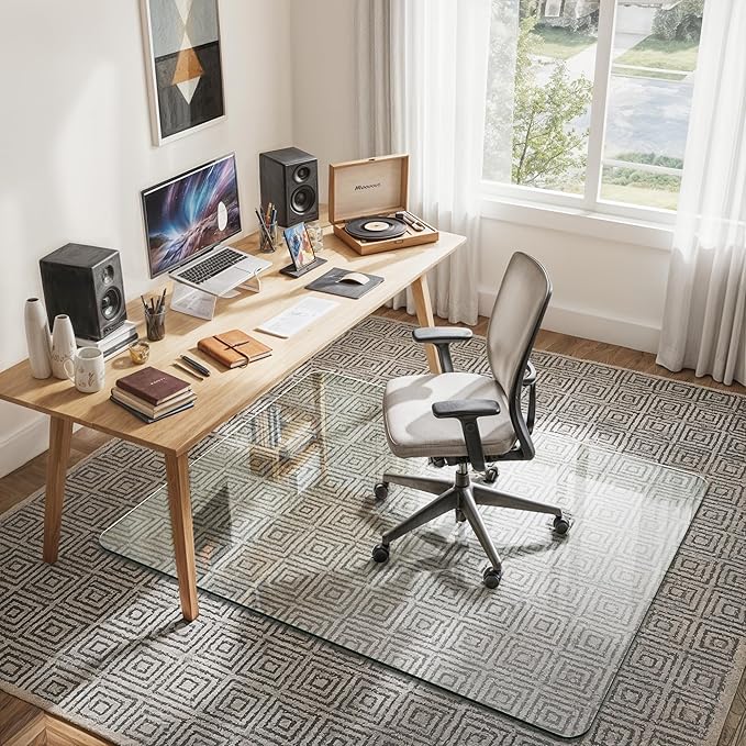 45"x55" Tempered Glass Office Chair Mat for Carpet & Hardwood Floor, 1/5" Thick Clear Floor Protector Desk Chair Mat with Rounded and Polished Edges