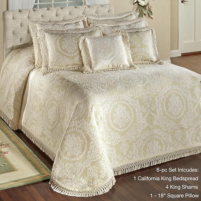 Timeless Vintage Style Bedding | Neutral Sage and Ecru | Textured Matelasse Rose Medallions and Leaves | 6 Pc Lightweight Bed Set: Oversized California King Bedspread, 4 King Shams, & Square Pillow