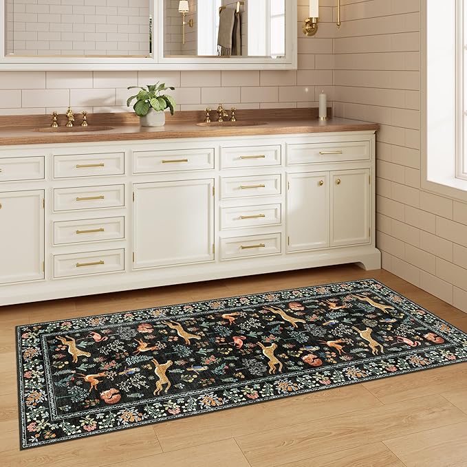 DUKINO 2x5 Rug for Hallway, Washable Kitchen Runner Rug with Non Slip Backing, Soft Low Pile Vintage Animal Runner for Bedroom, Kitchen, Hallway, Entryway, Laundry, Black