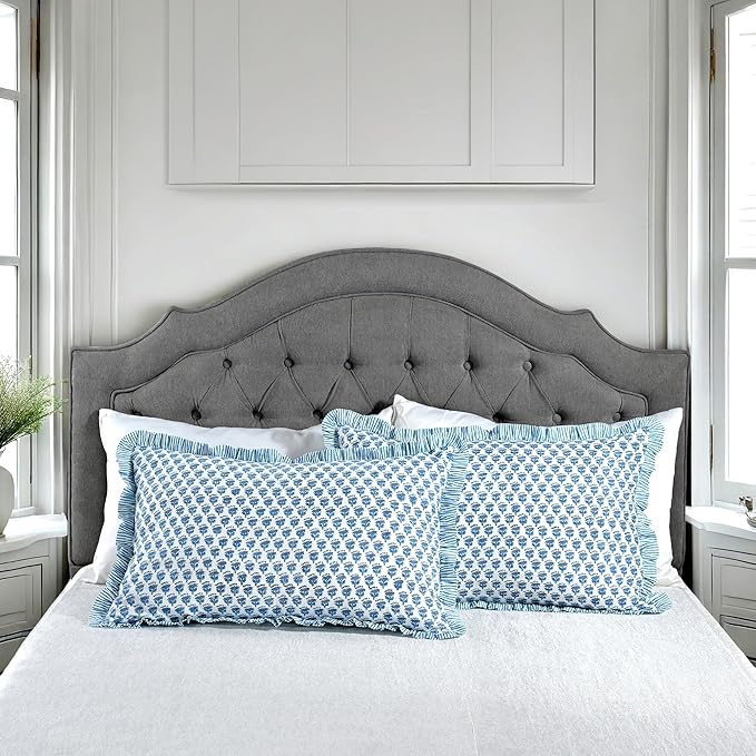 CPC Apatite Blue 100% Cotton Block Print Ruffle Sham Cover 20X30 inch Pack of 2, Handmade Boho Floral Pillowcase, Soft Decorative Lumar Cushion Cover for Bedroom Décor