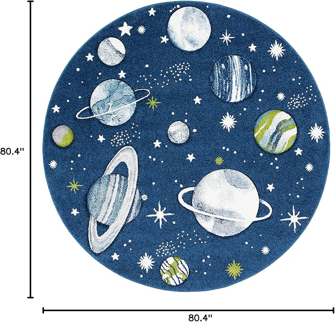 SAFAVIEH Carousel Kids Collection 6'7" Round Navy/Ivory CRK103N Outer Space Non-Shedding Playroom Nursery Bedroom Area Rug