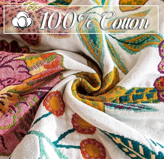 Fall Throw Blanket for Couch Bed Chair, 100% Cotton Muslin Breathable Woven Throws 60''x 80'' Boho Vintage Quilt for All Seasons Warm Lightweight Farmhouse Blankets Home Decoration