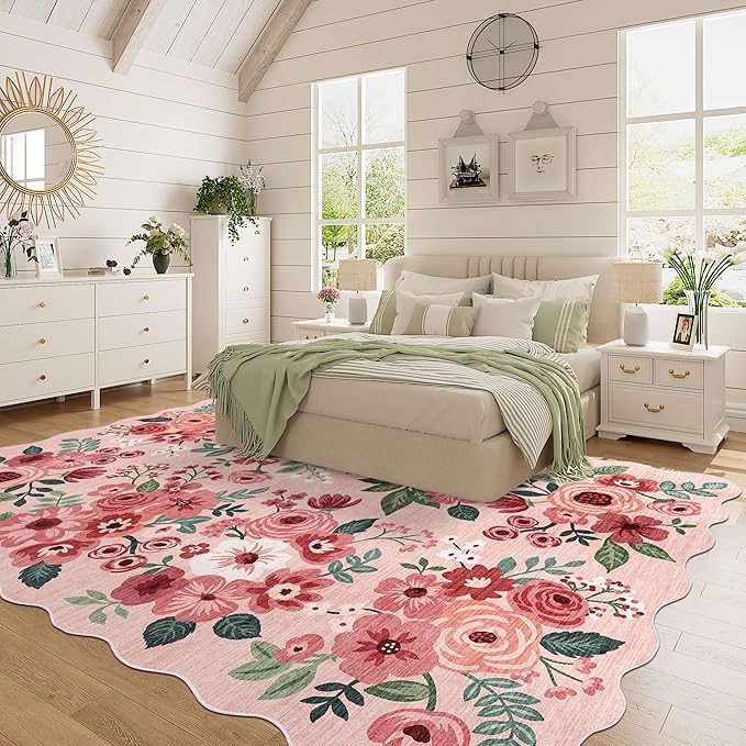 DUKINO 6x9 Area Rug, Floral Washable Rugs for Living Room with Non Slip Backing & Non-Shedding, Lightwight Low Pile Boho Design Large Carpets for Bedroom, Living Room, Dining Room, Pink