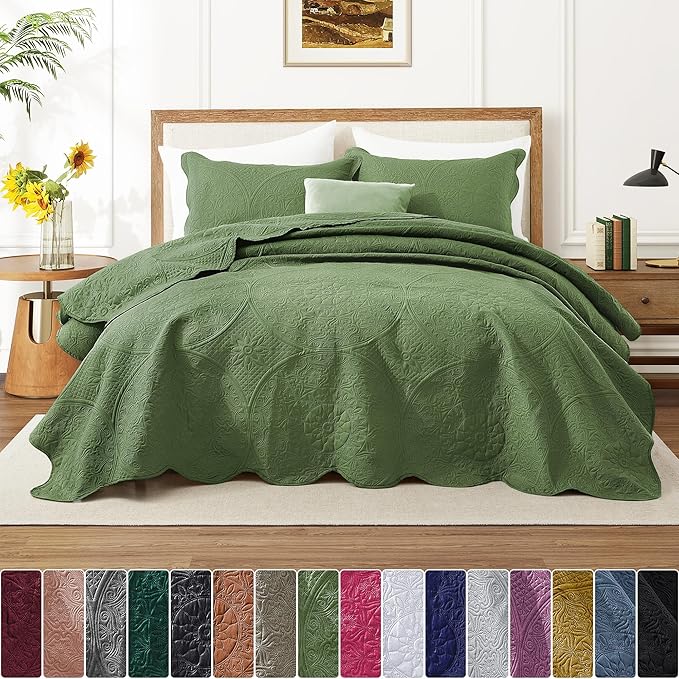 IR Imperial Rooms Twin Quilt Bedding Set Size (68” x 86”) + 1 Pillow Shams (20” x 26” + 2”) - 2 Pcs All Season Lightweight Reversible Microfiber Coverlet Floral Embossed Quilt Bedspread (Olive Green)