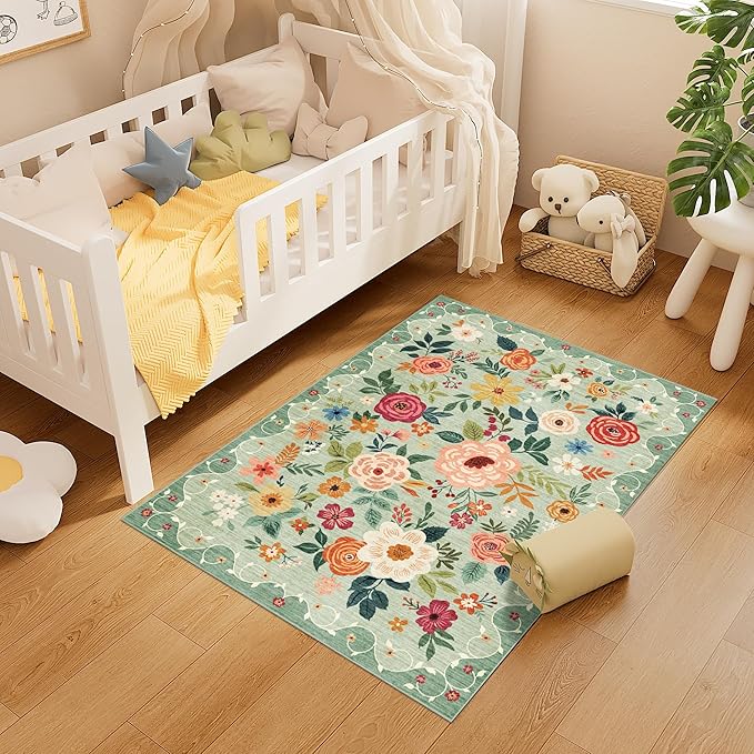 DUKINO 3x4 Area Rug, Lightweight Non Slip Washable Floral Rug, Indoor Low Pile & Non-Shedding Boho Design Carpets for Bedroom, Kitchen, Dining Room, Green