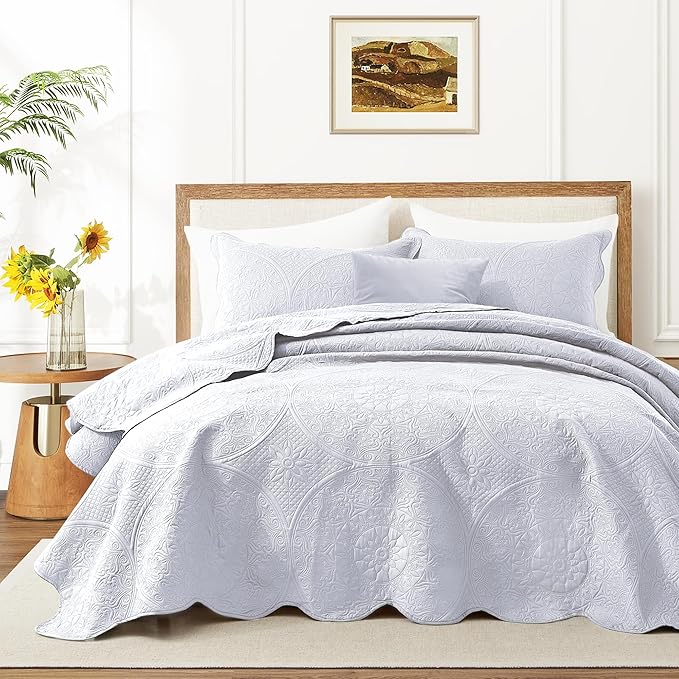 IR Imperial Rooms Twin Quilt Bedding Set Size (68” x 86”) + 1 Pillow Shams (20” x 26” + 2”) - 2 Pcs All Season Lightweight Reversible Microfiber Coverlet Floral Embossed Quilt Bedspread (White)