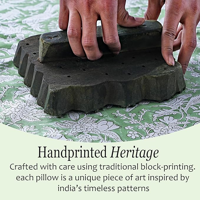 CPC Olive Green 100% Cotton Block Print Ruffle Sham Cover 20X30 inch Pack of 2, Handmade Boho Floral Pillowcase, Soft Decorative Queen Bed Pillow Cover for Bedroom Décor