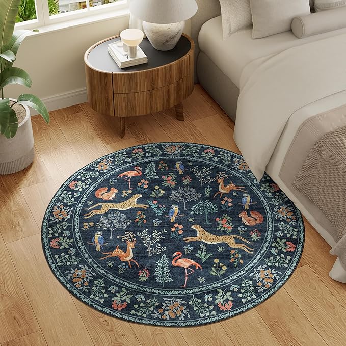 DUKINO 4ft Round Rug, Washable Round Area Rug, Non Slip Indoor Low Pile Animal Design, Soft Small Vintage Circle Carpet for Bedroom, Entryway, Living Room, Dining Room, Navy Blue