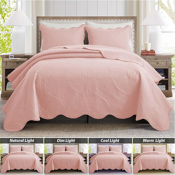 IR Imperial Rooms Twin Quilt Bedding Set Size (68" x 86") + 1 Pillow Shams (20" x 26"+ 2") - 2 Pcs All Season Lightweight Reversible Microfiber Coverlet Floral Embossed Quilt Bedspread (Baby Pink)
