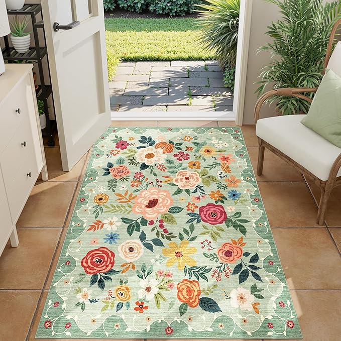 DUKINO 3x4 Area Rug, Lightweight Non Slip Washable Floral Rug, Indoor Low Pile & Non-Shedding Boho Design Carpets for Bedroom, Kitchen, Dining Room, Green