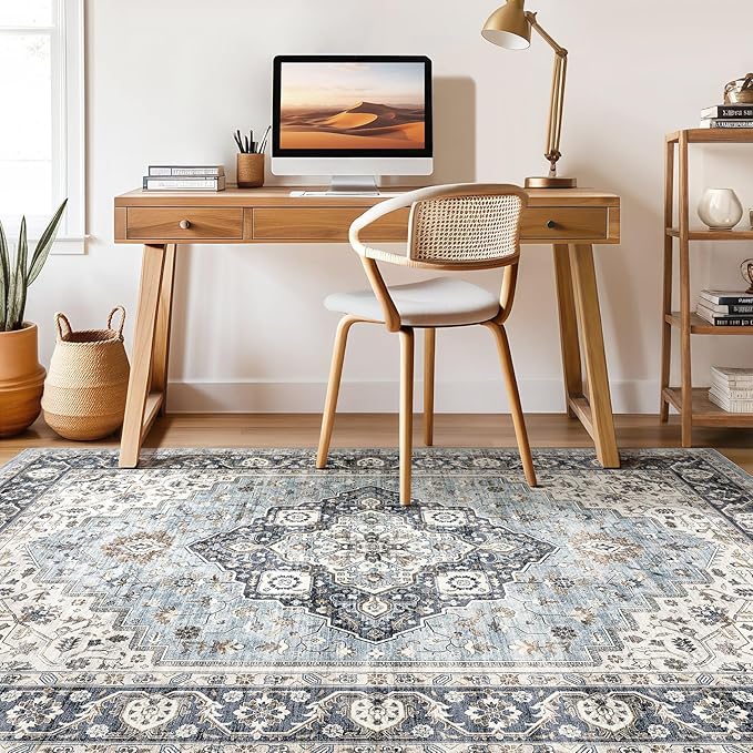 10x12 Area Rug Living Room: Washable Boho Large Neutral Vintage Soft Rugs Stain Resistant Farmhouse Non-Slip Indoor Floor Carpet for Bedroom Nursery Kids Playroom Office Dining Room- Tan Blue