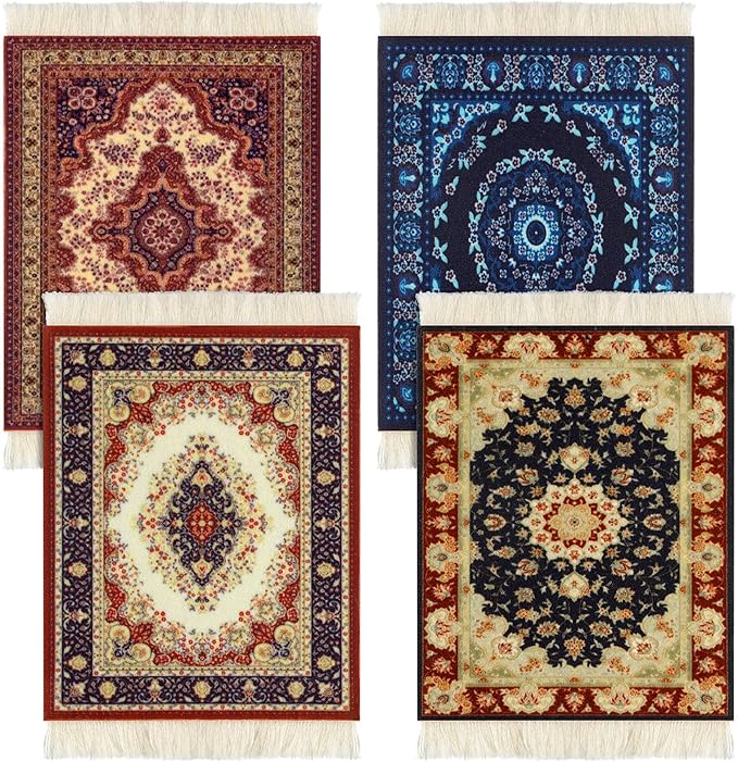 4 Pieces Rug Table Coasters Table Drink Holders Oriental Design Fabric Carpet Drink Mats Oriental Design Fabric Elegant Carpets Kitchen and Bar Mats for Home Office(Square,Classic Pattern)