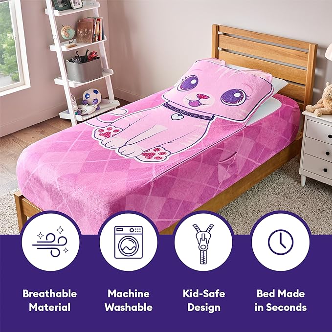 ZippySack Twin Bed Zip-Up Bedding – Super Soft Fleece Fitted Blanket with Side Pocket & Durable Zipper – Easy Bed-Making for Kids (Kitty)