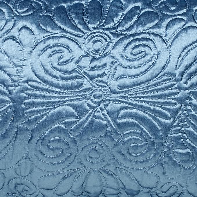 Touch of Class Portia Luxury Bedding | Sapphire | Quilted Polyester Satin | Romantic Hand Guided Machine Quilted Scroll Design 7 Piece Set with Full Bedspread, 2 Standard Shams, 4 Pillows