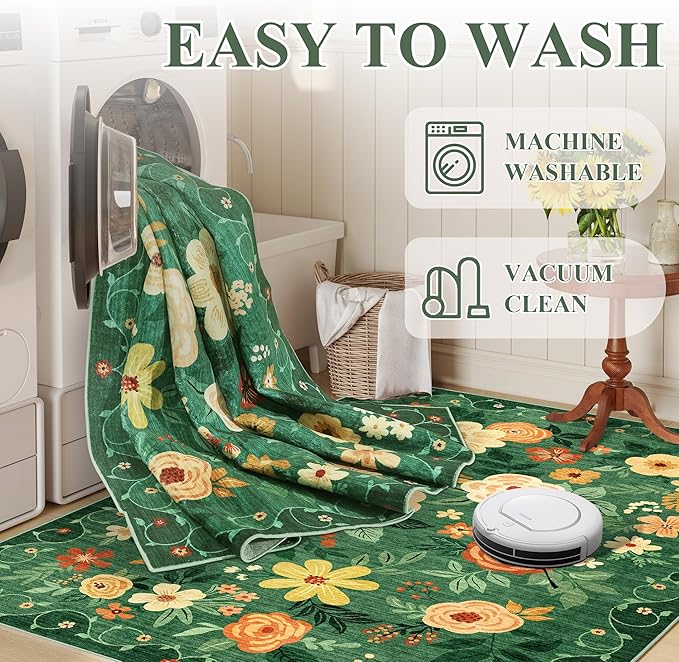 DUKINO 5x7 Area Rug, Floral Rugs for Living Room, Lightweight Non Slip Washable Rug, Indoor Low Pile & Non-Shedding Boho Design Rugs for Bedroom, Playroom, Dining Room, Dark Green