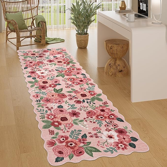 DUKINO 2x6 Runner Rug for Hallway, Washable Kitchen Rug with Non Slip Backing & Non-Shediing, Soft Low Pile Floral Design Runner for Bedroom, Kithchen, Living Room, Laundry, Bathroom, Pink