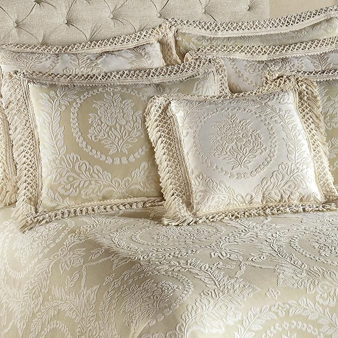 Timeless Vintage Style Bedding | Neutral Sage and Ecru | Textured Matelasse Rose Medallions and Leaves | 6 Piece Lightweight Bed Set: Oversized Queen Bedspread, 4 Standard Shams & Square Accent Pillow
