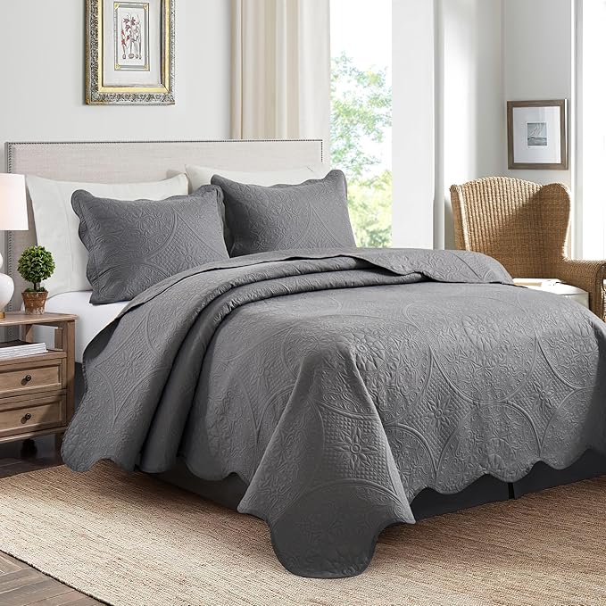 IR Imperial Rooms Twin Quilt Bedding Set Size (68” x 86”) + 1 Pillow Shams (20” x 26” + 2”) - 2 Pcs All Season Lightweight Reversible Microfiber Coverlet Floral Embossed Quilt Bedspread (Grey)