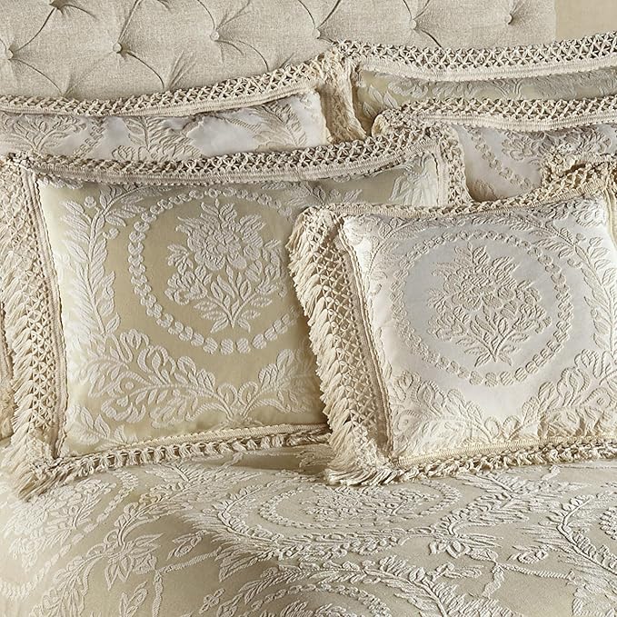 Timeless Vintage Style Bedding with Fringe | Neutral Sage and Ecru Hues | Textured Matelasse Rose Medallions and Leaves | 5 Piece Lightweight Set: Oversized California King Bedspread & 4 King Shams