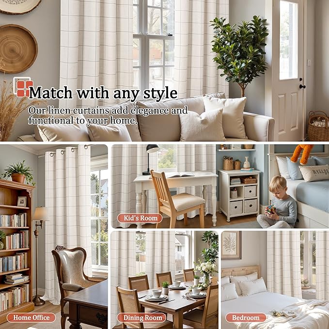 Grey Plaid Linen Blackout Curtains for Bedroom - Boho Style Curtains Thermal Insulated, Pattern Printed Rustic Drapes Window Treatments for Cottage Farmhouse, 52x63 Inch 2 Panels