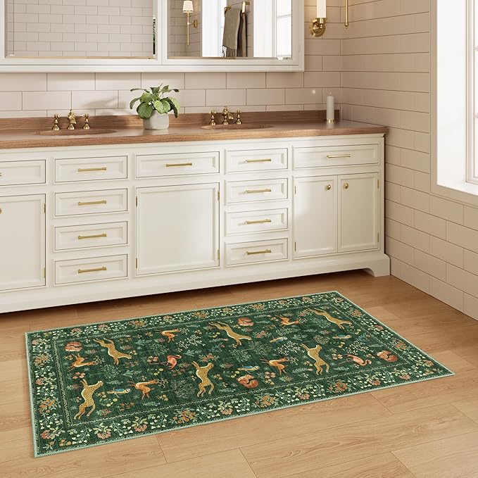 DUKINO 2x4 Rug for Hallway, Washable Kitchen Runner Rug with Non Slip Backing, Soft Low Pile Vintage Animal Runner for Bedroom, Kitchen, Hallway, Entryway, Laundry, Green