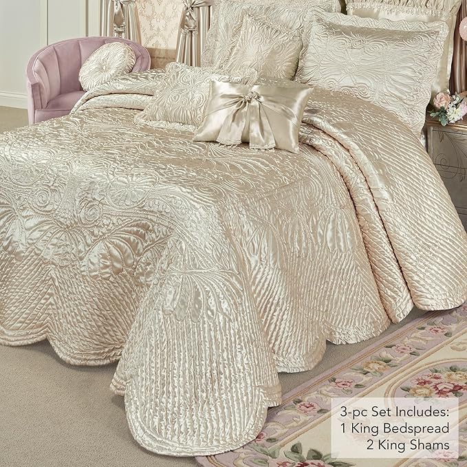 Touch of Class Portia Luxury Bedding | Soft Pearl | Premier Quilted Polyester Satin | Romantic Hand Guided Machine Quilted Scroll Design 3 Piece Set: King Oversized Bedspread and 2 King Shams