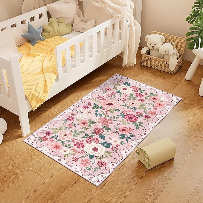 DUKINO 2x5 Runner Rug for Hallway, Washable Kitchen Floral Runner Rug with Non Slip Backing, Low Pile Soft Boho Carpet for Kitchen, Hallway, Entryway, Laundry, Bedroom, Pink