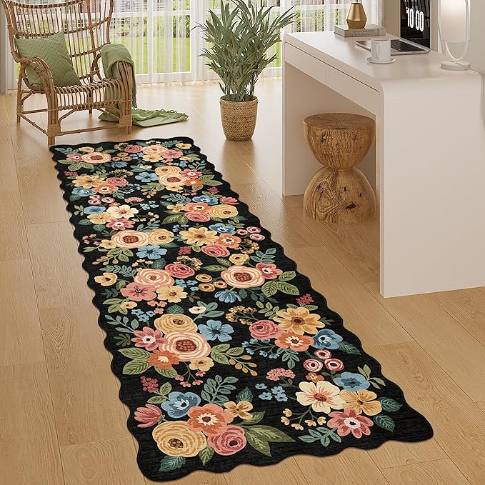 DUKINO 2.6x8 Runner Rug for Hallway, Washable Kitchen Rug with Non Slip Backing & Non-Shediing, Soft Low Pile Floral Design Runner for Bedroom, Kithchen, Living Room, Laundry, Bathroom, Black