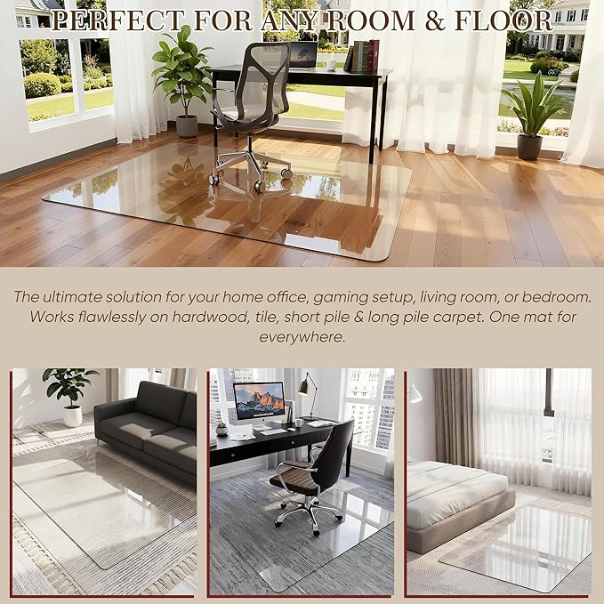 45"x55" Tempered Glass Office Chair Mat for Carpet & Hardwood Floor, 1/5" Thick Clear Floor Protector Desk Chair Mat with Rounded and Polished Edges