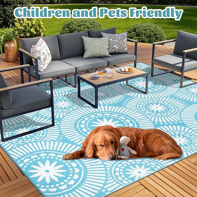Ileading Large Plastic Outdoor Rug 9x12ft Modern Geometric Style Reversible Patio Area Rugs Waterproof Non Shedding Portable Carpets for Rv Outside Deck Pool Beach Picnic Camping (Teal)