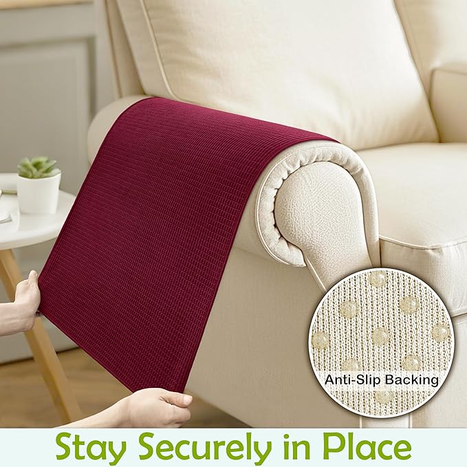 Couch Arm Covers, Sofa Arm Covers, Waterproof Armrest Covers for Sofa, Armchair, Loveseat, Non-Slip Recliner Arm Covers, Sofa Headrest Covers, Arm Chair Covers Set of 2 (Burgundy, 26"×26")
