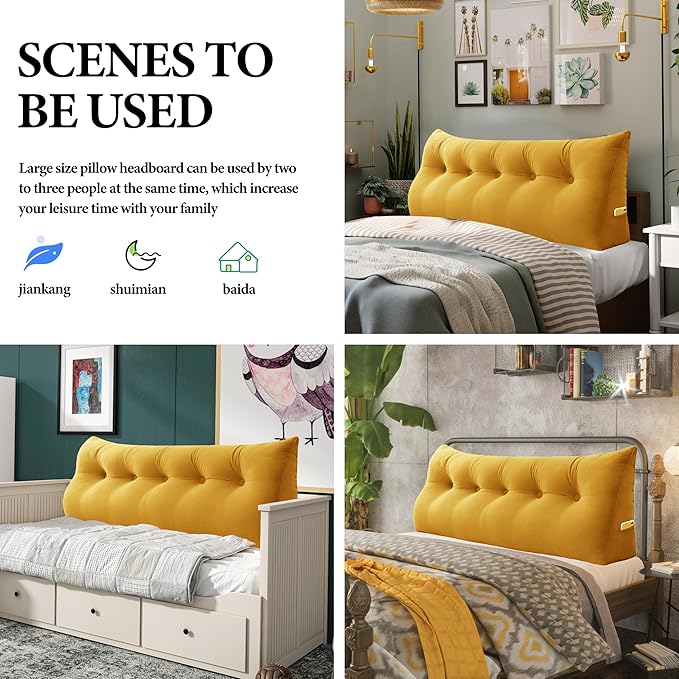 Bed Wedge Headboard Pillow - College Dorm Reading Pillow Back Support While Sitting in Bed - Ergonomic Lumbar Pillow Body Positioning Bed Pillow - Velvet Golden Yellow 54IN