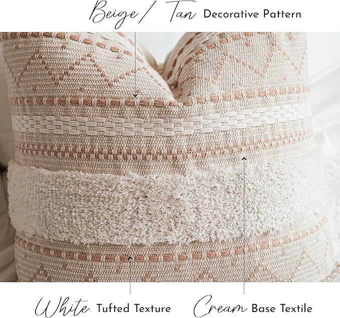 BlissBlush Decorative Throw Pillow Cover 18X18 Combo Set of 2 Square Cream Neutral White Boho Accent Pillowcase Tassels Farmhouse Cushion for Couch Sofa Bedroom Living Room Home Décor Cover ONLY