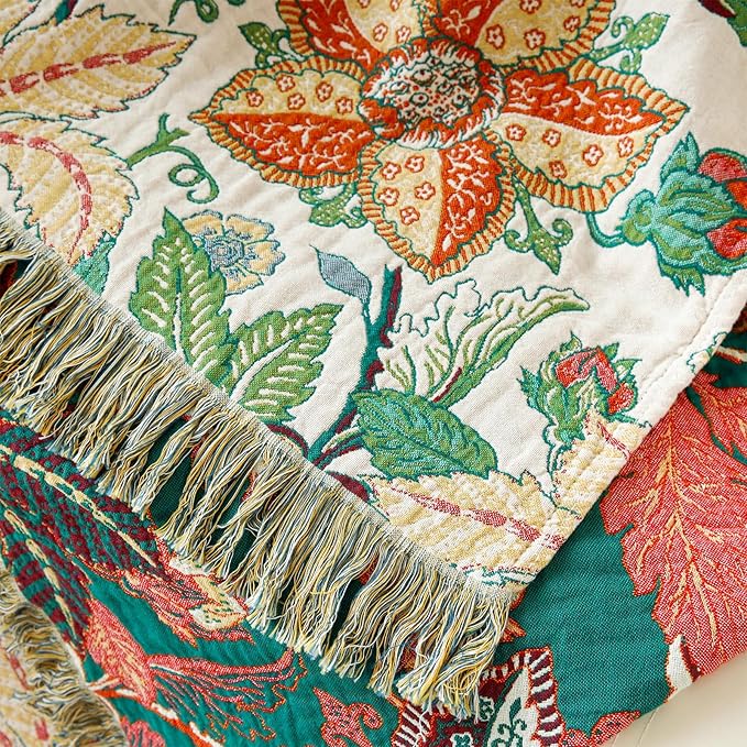 MSGKV Boho Throw Blanket for Bed Twin Size 100% Cotton Floral Blanket 60"x80" Lightweight Farmhouse Muslin Breathable Couch Blankets Home Decor All Seasons