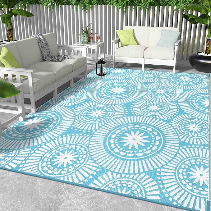 Ileading Large Plastic Outdoor Rug 9x12ft Modern Geometric Style Reversible Patio Area Rugs Waterproof Non Shedding Portable Carpets for Rv Outside Deck Pool Beach Picnic Camping (Teal)