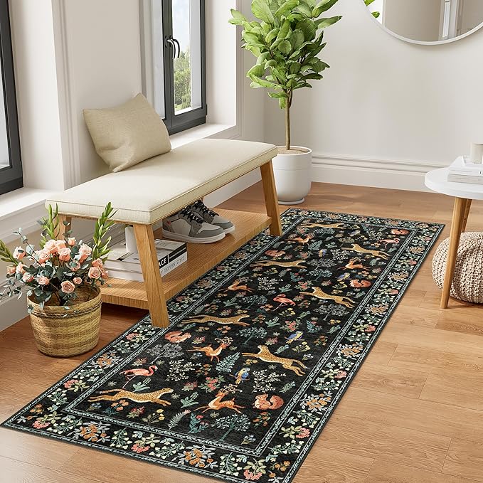 DUKINO 2x5 Rug for Hallway, Washable Kitchen Runner Rug with Non Slip Backing, Soft Low Pile Vintage Animal Runner for Bedroom, Kitchen, Hallway, Entryway, Laundry, Black
