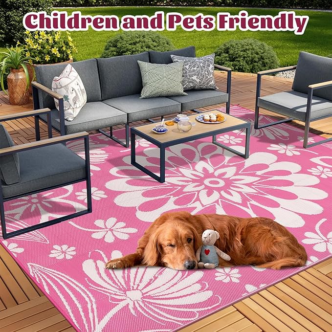 Ileading Outdoor Plastic Straw Rug 8x10ft Funny Floral Style Reversible Patio Area Rugs Waterproof Non Shedding Portable Carpets for Rv Outside Deck Pool Beach Picnic Camping (Pink)