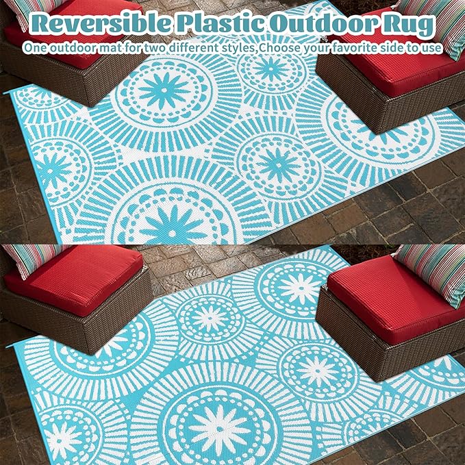 Ileading Large Plastic Outdoor Rug 9x12ft Modern Geometric Style Reversible Patio Area Rugs Waterproof Non Shedding Portable Carpets for Rv Outside Deck Pool Beach Picnic Camping (Teal)