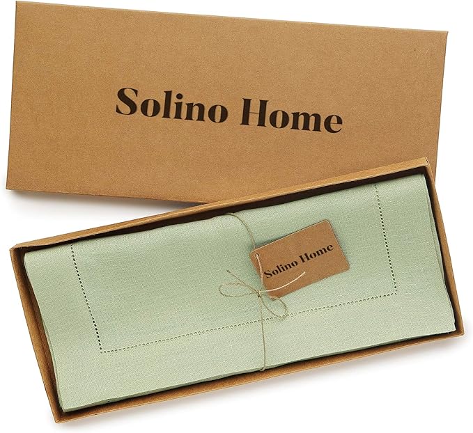 Solino Home Linen Table Runner 36 Inches - 100% Pure Linen Sage Green Hemstitch Table Runner 14 x 36 Inch Ideal for Dresser and Coffee Tables - Christmas, Winter, New Year - Classic Hemstitch