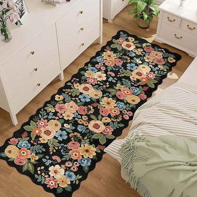 DUKINO 2.6x8 Runner Rug for Hallway, Washable Kitchen Rug with Non Slip Backing & Non-Shediing, Soft Low Pile Floral Design Runner for Bedroom, Kithchen, Living Room, Laundry, Bathroom, Black