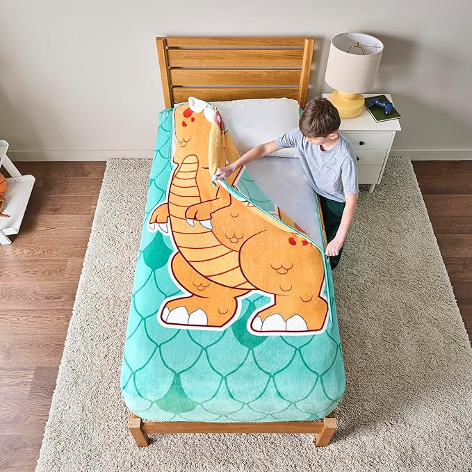 ZippySack Twin Bed Zip-Up Bedding – Super Soft Fleece Fitted Blanket with Side Pocket & Durable Zipper – Easy Bed-Making for Kids (Dinosaur)