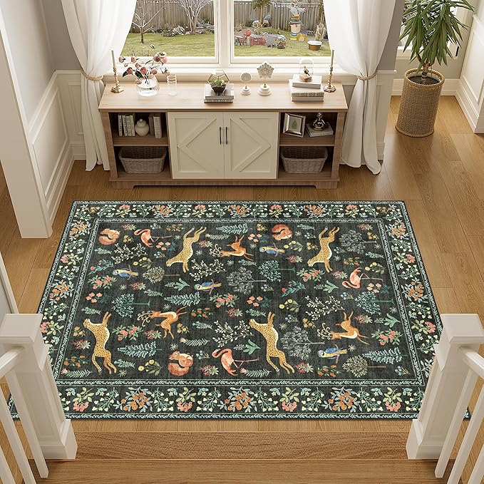 DUKINO 4x6 Rug, Washable Animal Area Rug with Non Slip Vintage Design, Indoor Soft Low Pile Carpet for Bedroom, Nursery, Dining Room, Farmhouse, Playroom, Black