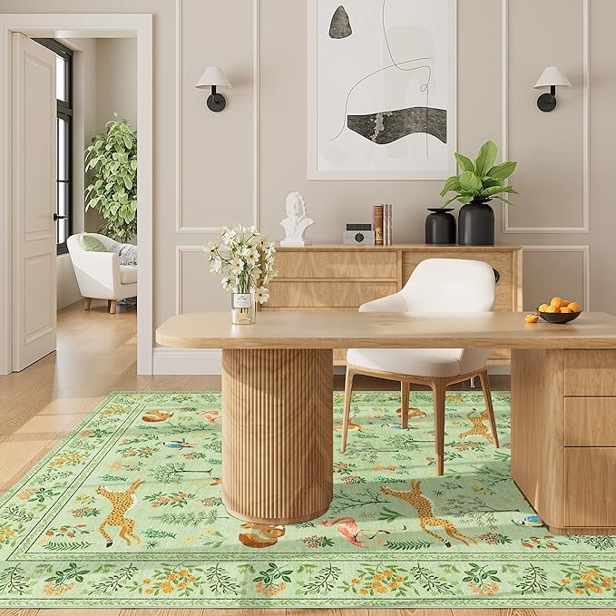DUKINO 4x6 Rug, Washable Animal Area Rug with Non Slip Vintage Design, Indoor Soft Low Pile Carpet for Bedroom, Nursery, Dining Room, Farmhouse, Playroom, Light Green