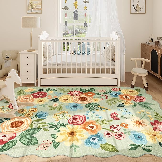 DUKINO 5x7 Area Rug, Floral Washable Rugs for Living Room with Non Slip Backing & Non-Shedding, Lightwight Low Pile Boho Design Large Carpets for Bedroom, Living Room, Dining Room, Green