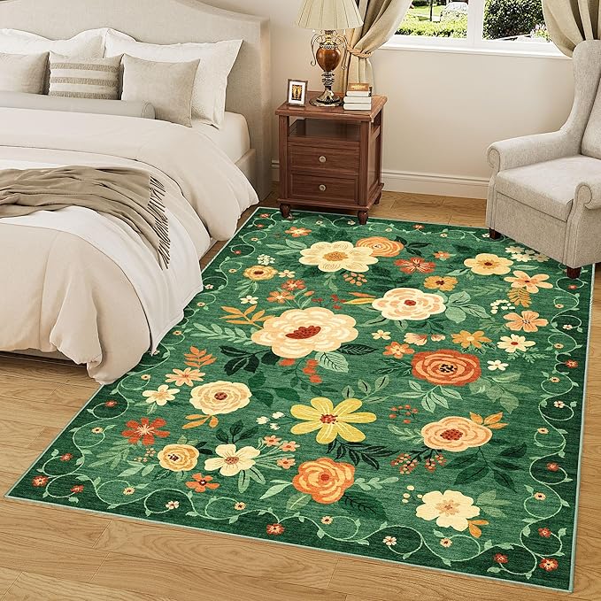 DUKINO 8x10 Area Rug, Floral Rugs for Living Room, Lightweight Non Slip Washable Rug, Indoor Low Pile & Non-Shedding Boho Design Rugs for Bedroom, Living Room, Dining Room, Dark Green