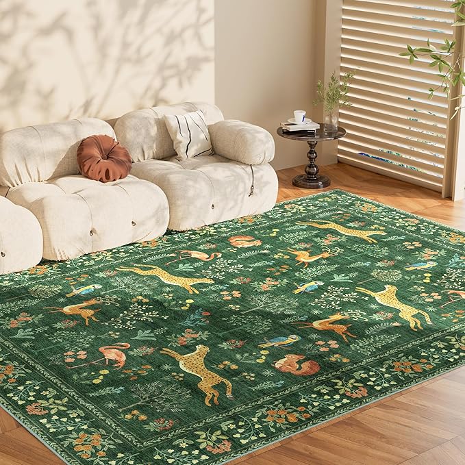 DUKINO 6x9 Rug, Washable Animal Living Room Rug with Non Slip Vintage Design, Soft Low Pile Large Carpet for Bedroom, Nursery, Dining Room, Farmhouse, Playroom, Green